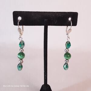 Dangle Drop Earrings Green Tigers Eye And Small Silver Tone Beads For Pierced